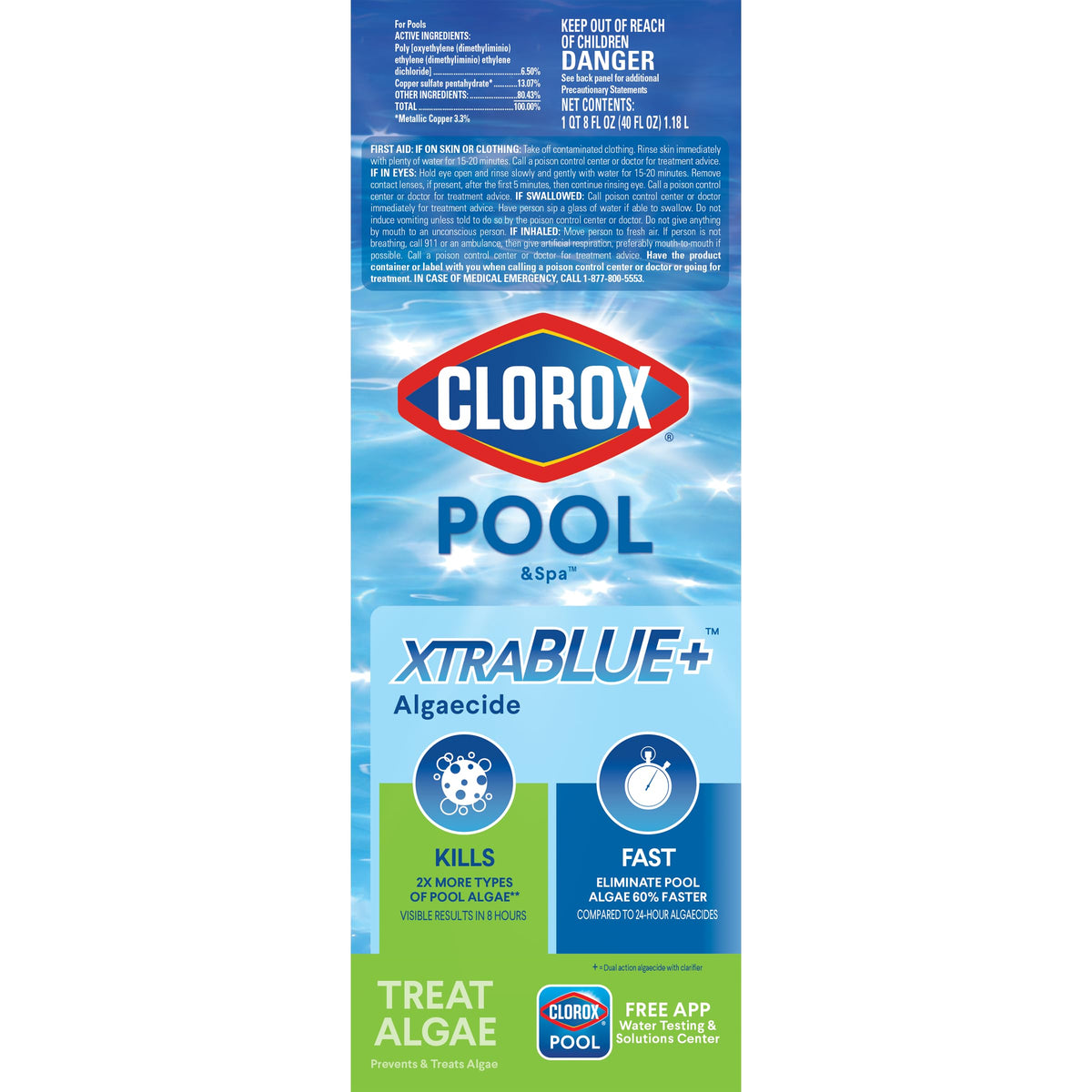 Clorox Pool&Spa XtraBlue Plus bottle pour demonstrates fast algae kill for clear water