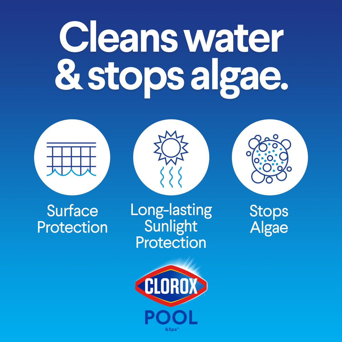 Close-up of CLOROX Pool&Spa XtraBlue tablet bottle showing stabilization for longer-lasting chlorine.