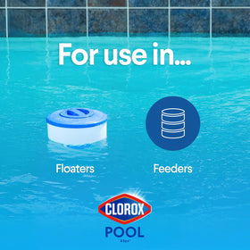 Hand pouring CLOROX Pool&Spa XtraBlue tablets into skimmer for sanitation.