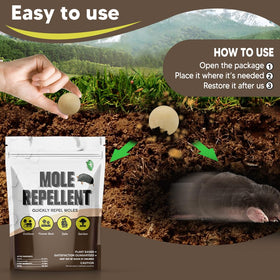 CLVDOFSS Mole Repellent application steps show simple placement in mole-prone areas.