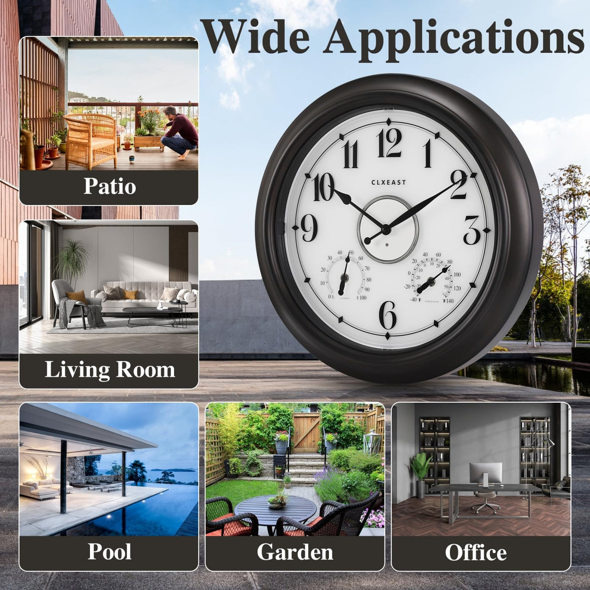 CLXEAST garden décor setup featuring the 18-inch illuminated clock as a focal point.