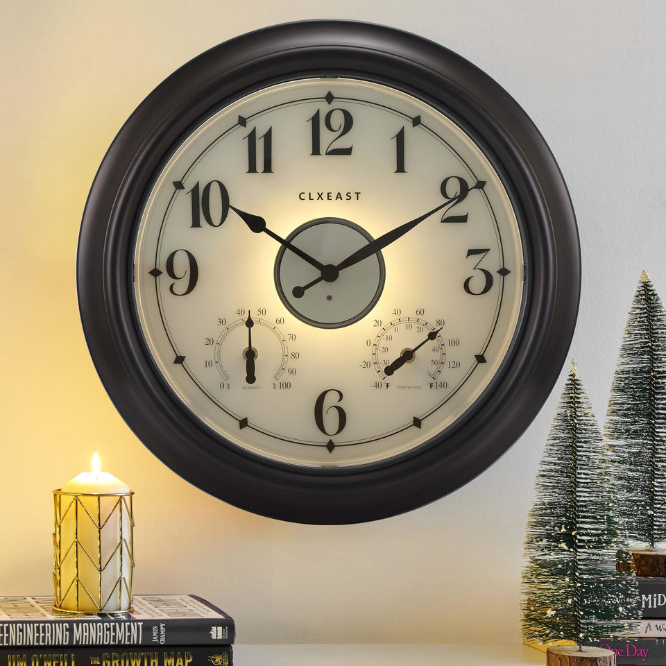 CLXEAST 18-inch illuminated outdoor clock front view with ambient backlight for easy night viewing.