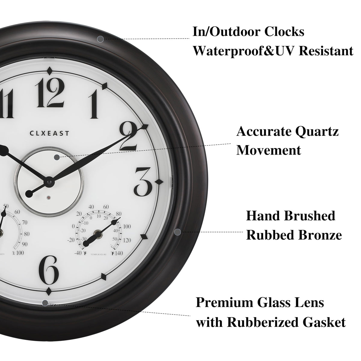 CLXEAST 18-inch clock with oil rubbed bronze finish enhances vintage-modern outdoor appeal.