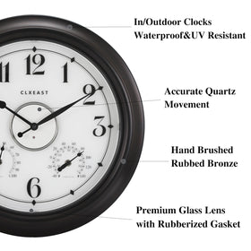 CLXEAST 18-inch clock with oil rubbed bronze finish enhances vintage-modern outdoor appeal.