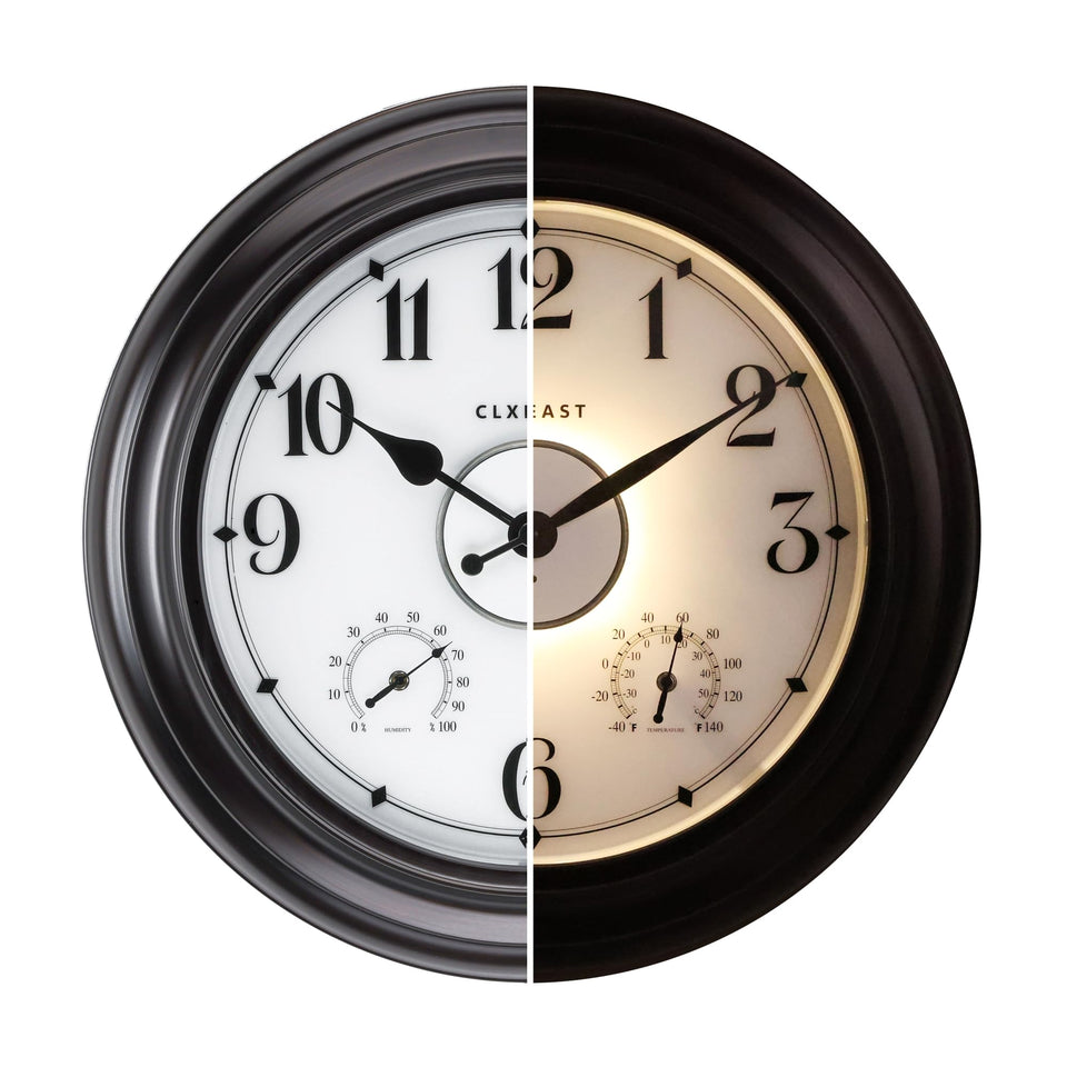 CLXEAST 24 inch outdoor clock with backlit dial for night visibility.