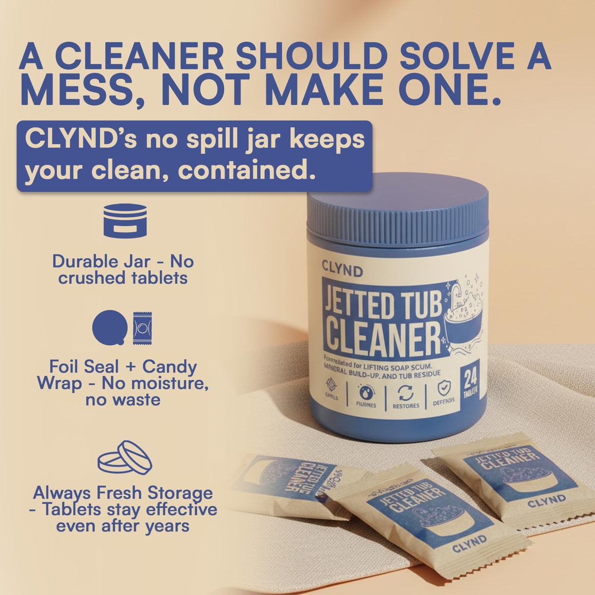 Dropping a tablet into a filled tub to start a 15–20 minute jet cycle.