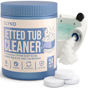 CLYND jetted-tub-cleaner jar on shelf for deep jet cleaning.