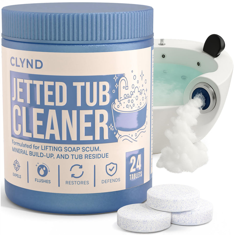 CLYND jetted-tub-cleaner jar on shelf for deep jet cleaning.
