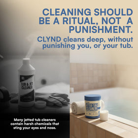 CLYND jetted-tub-cleaner tablets closeup showing compact packaging.
