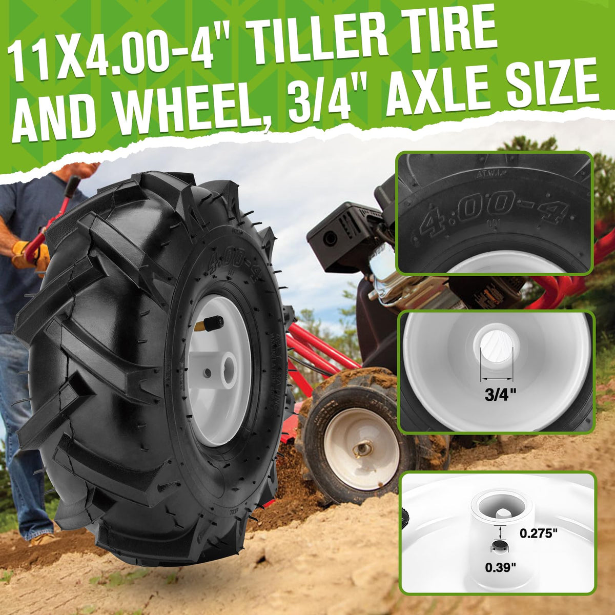 CMOOD 11x4 tiller tire hub close-up with centered bore