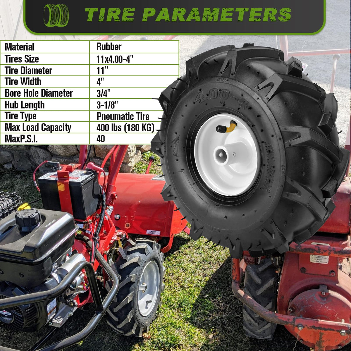 CMOOD 11x4 tiller tire tread detail highlights grip pattern