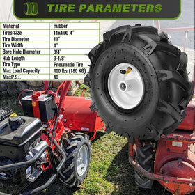 CMOOD 11x4 tiller tire tread detail highlights grip pattern