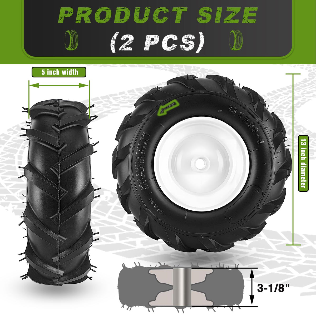 CMOOD 13x5.00-6 tiller tire right view shows durable 4-ply construction.