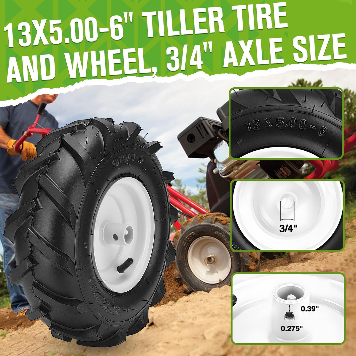 CMOOD 13x5.00-6 tiller tire tread detail emphasizes grip on soil.