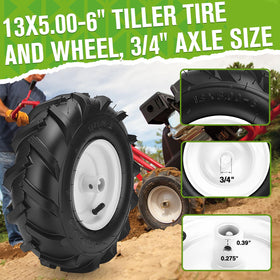 CMOOD 13x5.00-6 tiller tire tread detail emphasizes grip on soil.
