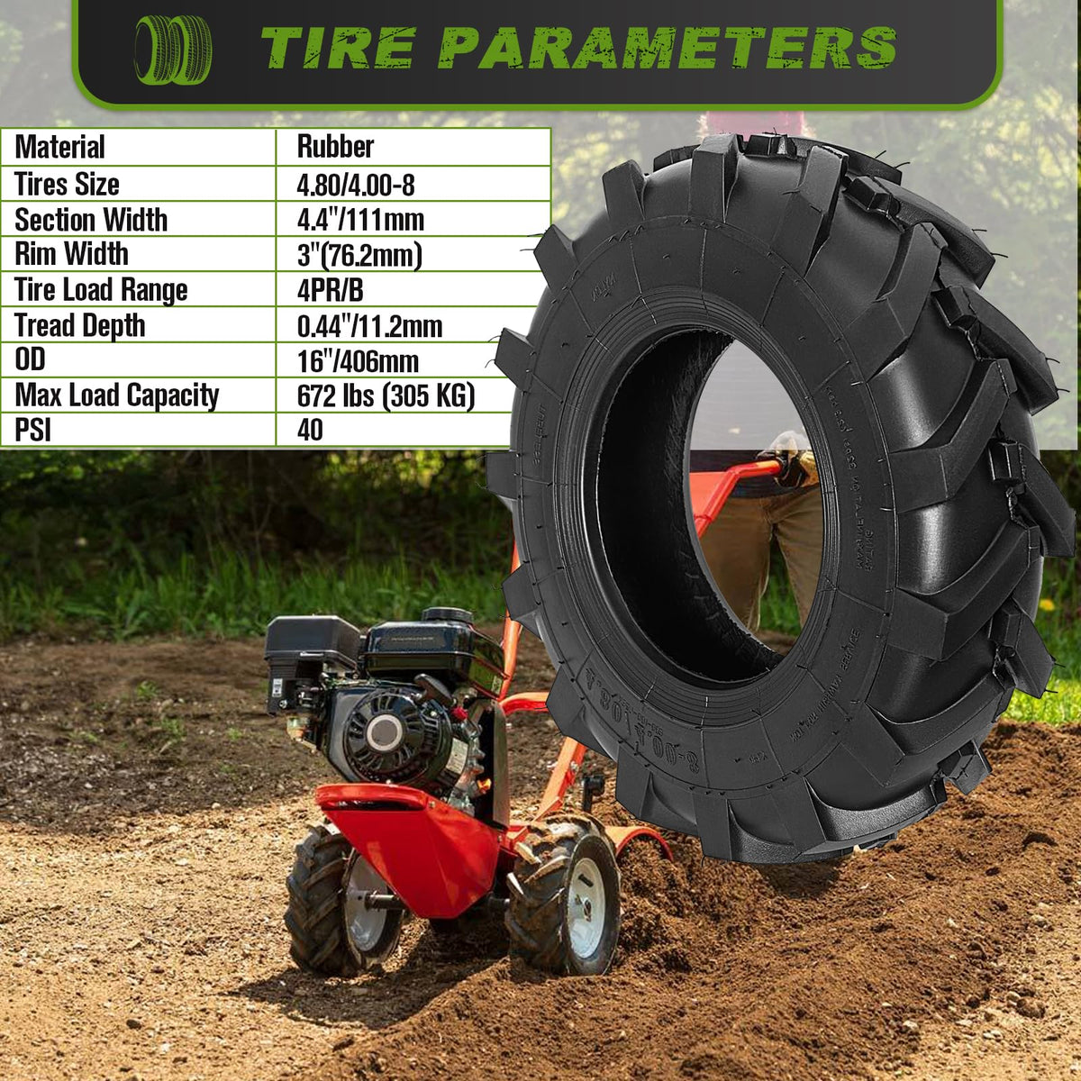 CMOOD 4.80/4.00-8 tire tread pattern shows grip on soft soil