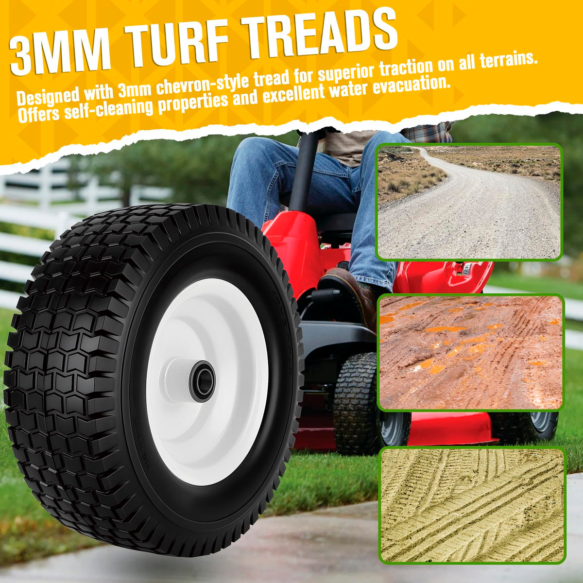 CMOOD 3mm chevron tread provides turf friendly traction on grass and gravel.
