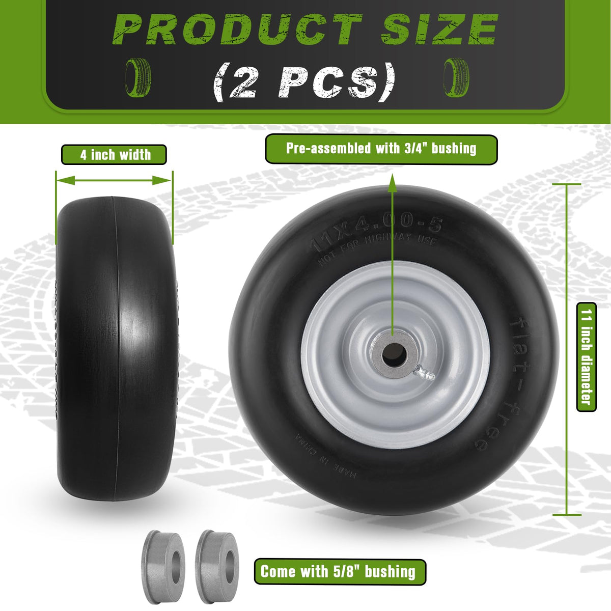 CMOOD 11x4-5 wheel assembly for quick, maintenance-free mower upgrades.