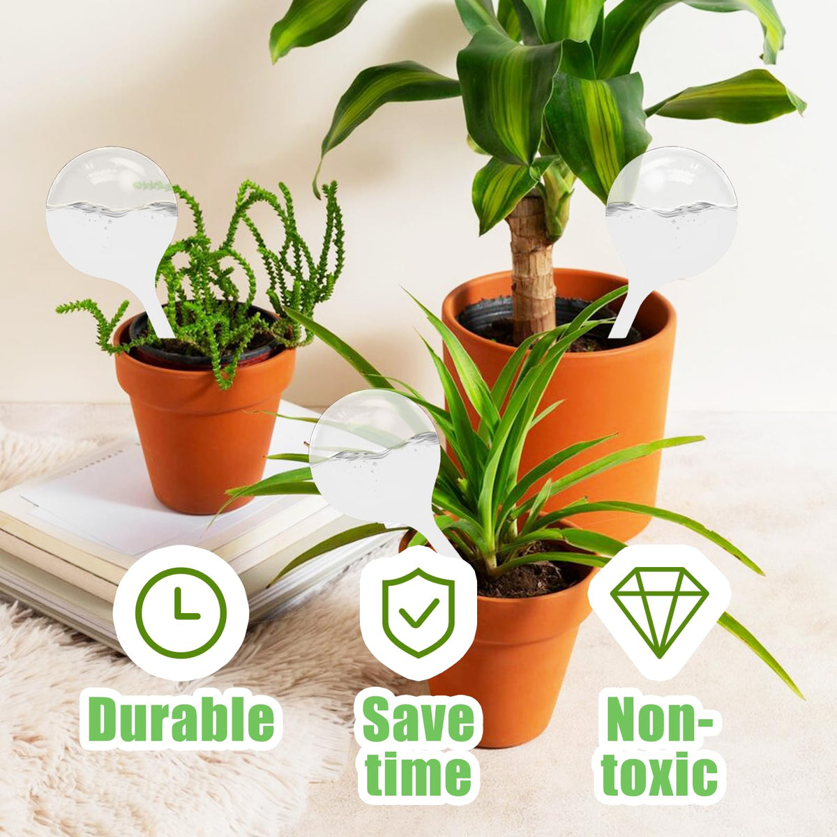 Cmaqpw easy-to-use self-watering bulbs to keep indoor plants hydrated effortlessly.