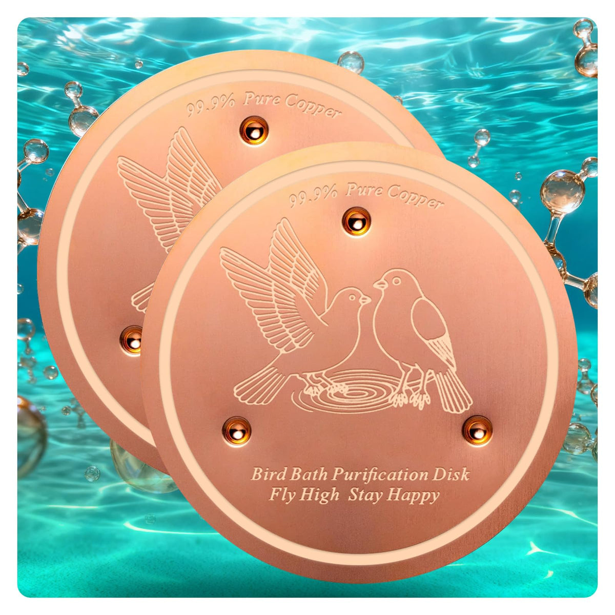 CNARIO copper disk for birdbath with three-point support improves water clarity for birds.