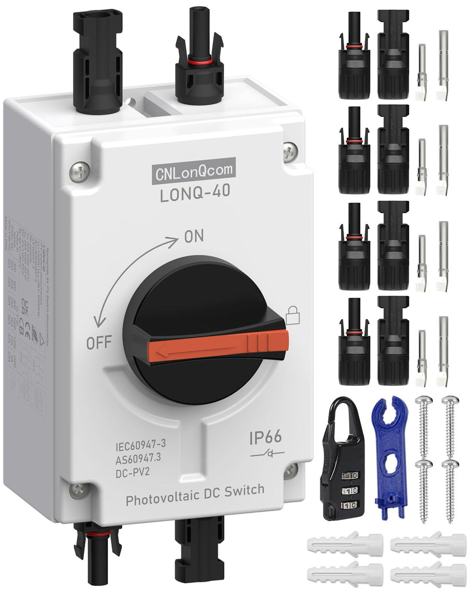 CNLonQcom DC disconnect switch with 32A/1500V rating for safe rooftop solar isolation