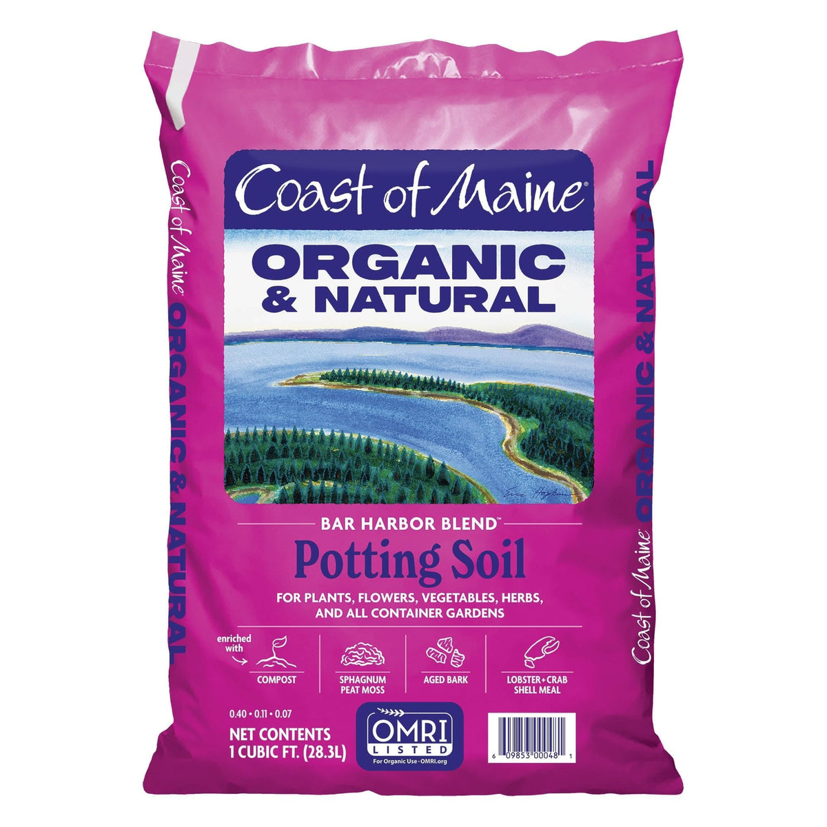 Coast of Maine Bar Harbor Blend potting soil bag shows rich texture for vibrant container gardens.