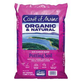Coast of Maine Bar Harbor Blend potting soil bag shows rich texture for vibrant container gardens.