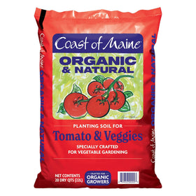 Coast of Maine soil for tomatoes and vegetables in a 20qt bag; ideal for seeding.