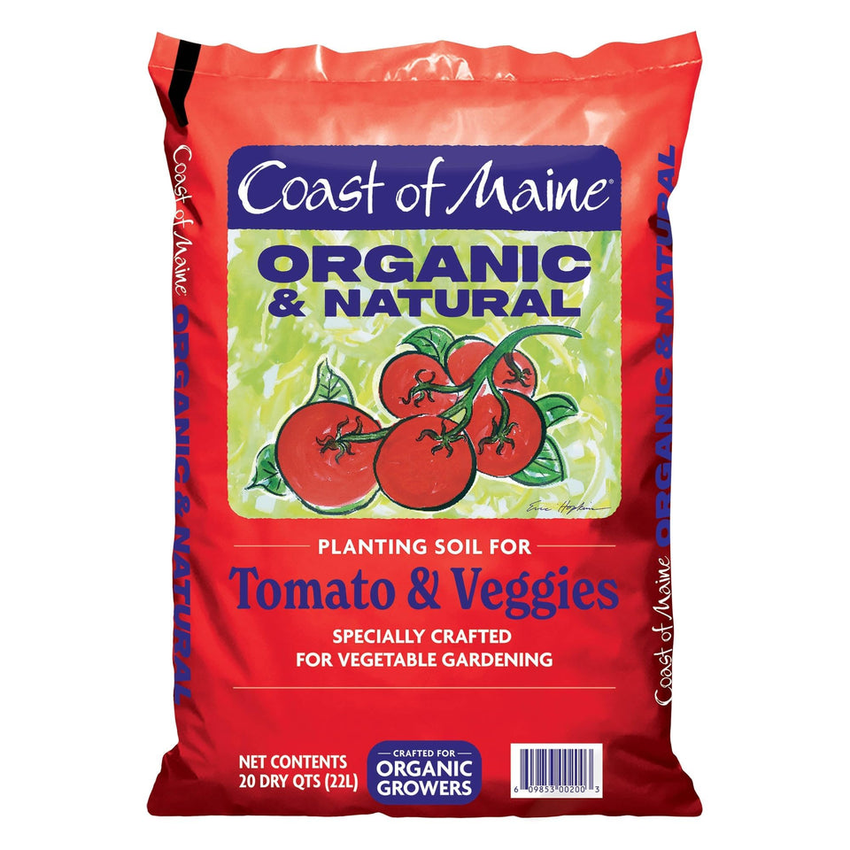 Coast of Maine soil for tomatoes and vegetables in a 20qt bag; ideal for seeding.