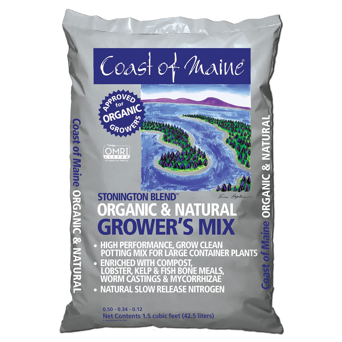 Coast of Maine Stonington Blend potting soil bag front highlighting natural ingredients and moisture retention