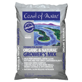 Coast of Maine Stonington Blend potting soil bag front highlighting natural ingredients and moisture retention