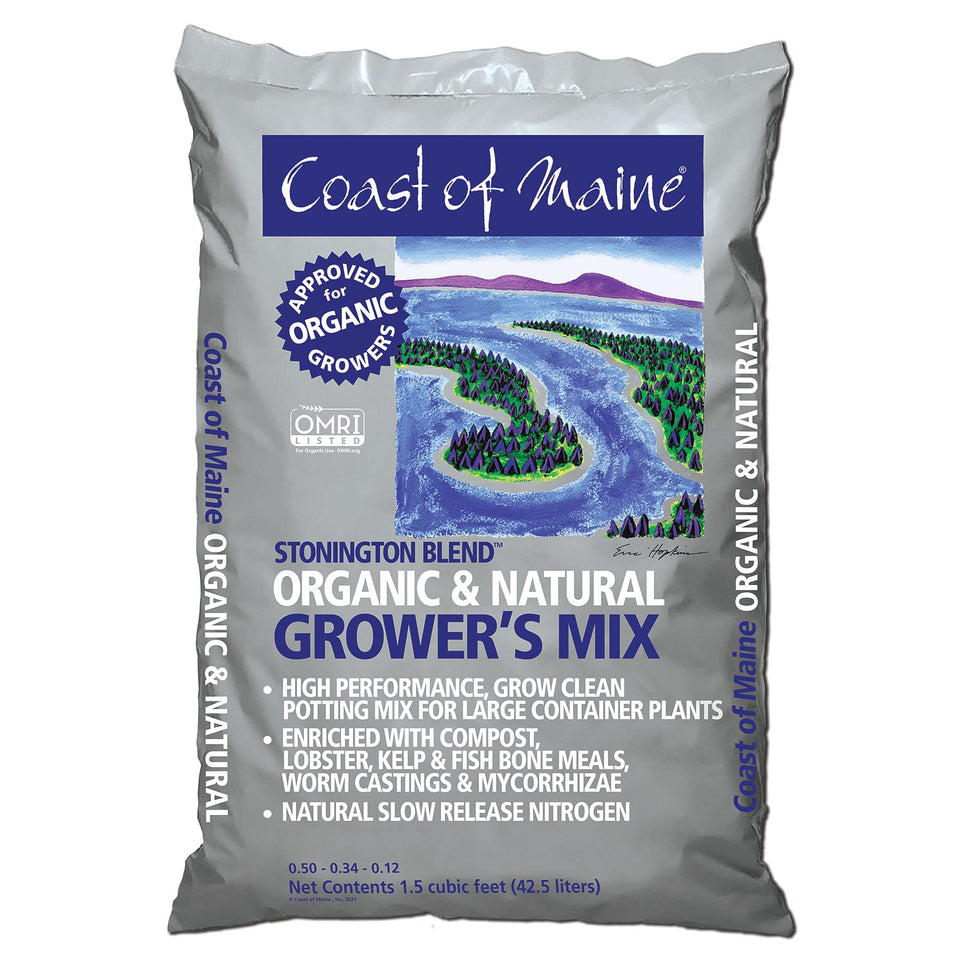 Coast of Maine Stonington Blend potting soil bag front highlighting natural ingredients and moisture retention