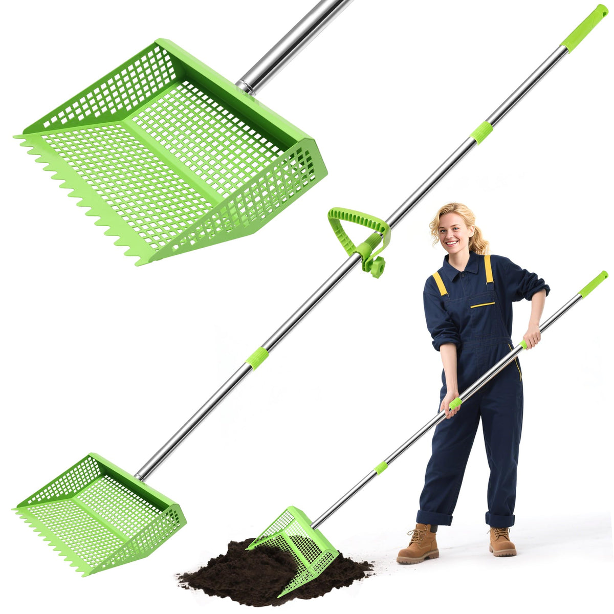 COBERSY 2-in-1 scoop-and-rake with a durable metal head for easy cleaning.