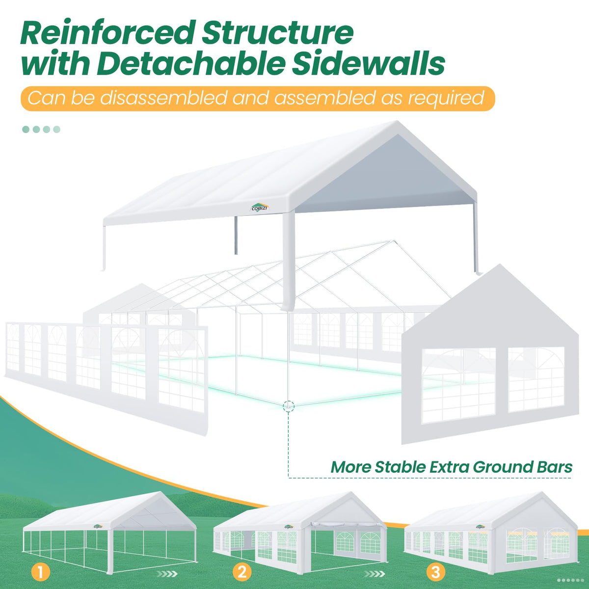 COBIZI 20x40 frame detail shows rust-resistant galvanized structure.