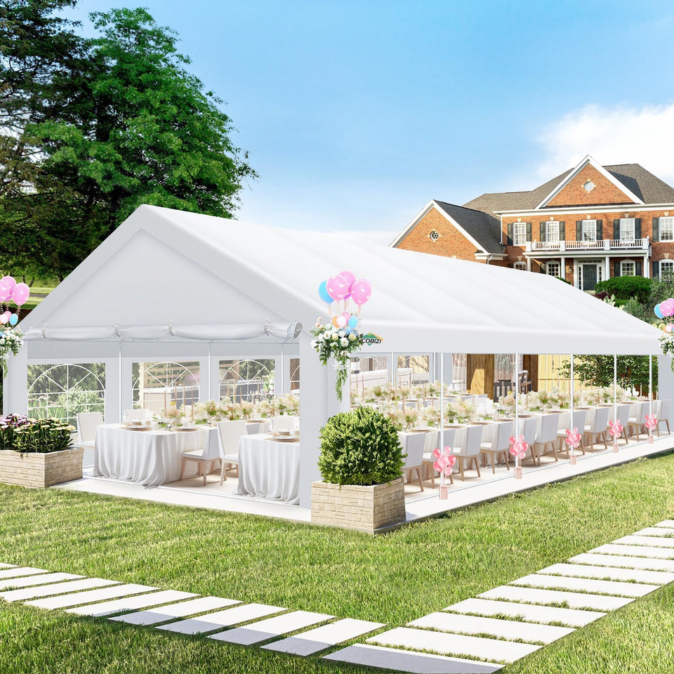 COBIZI 20x40 front view tent offering ample shade for outdoor events.