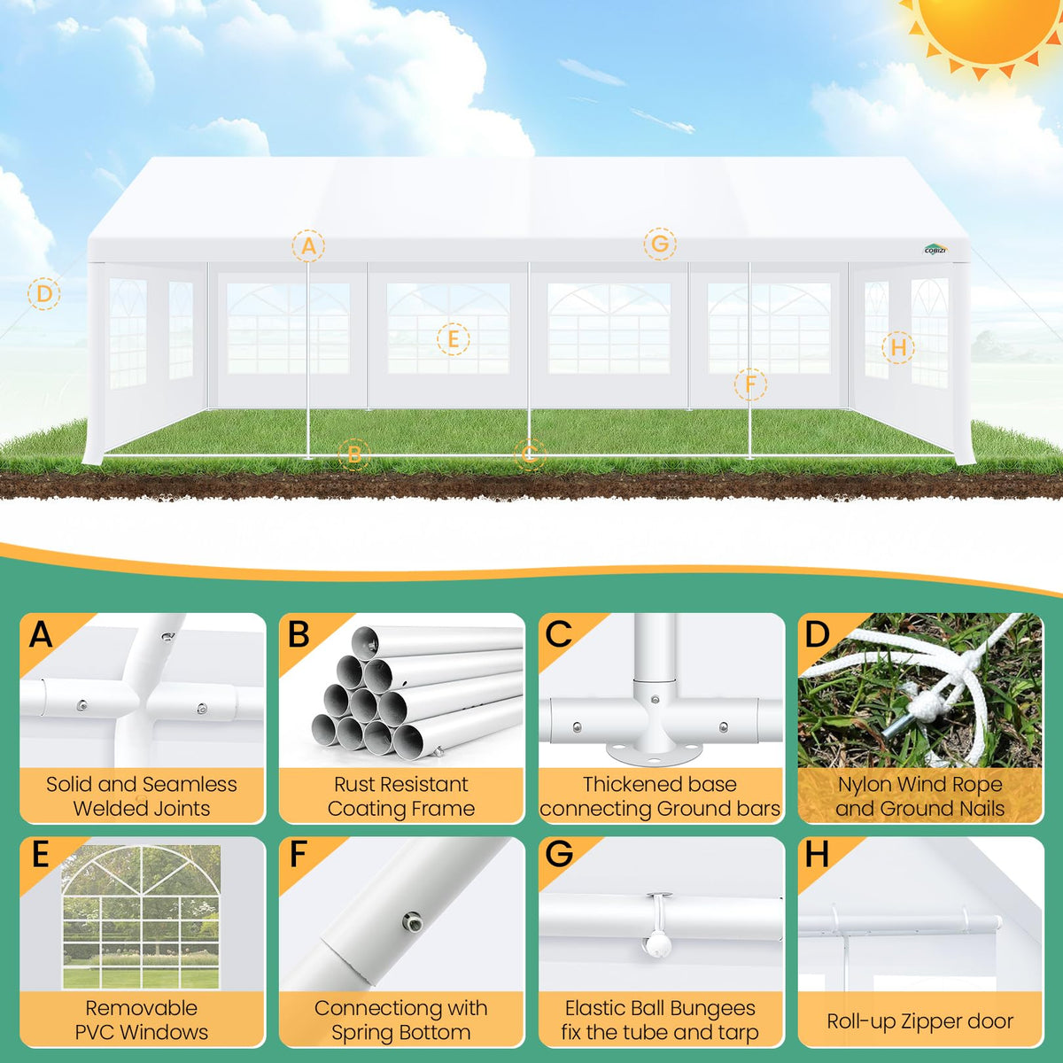 COBIZI waterproof canopy keeps rain out during outdoor functions.