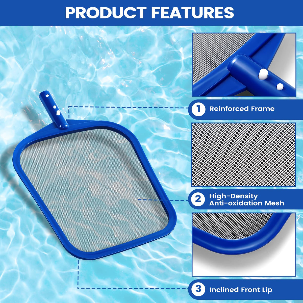 coclothy Pool Skimmer Net reinforced frame view emphasizes durability near pool lining.