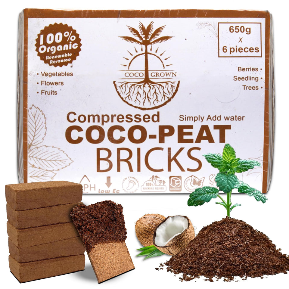 CocoGrown compressed coco coir brick ready to expand for gardening.