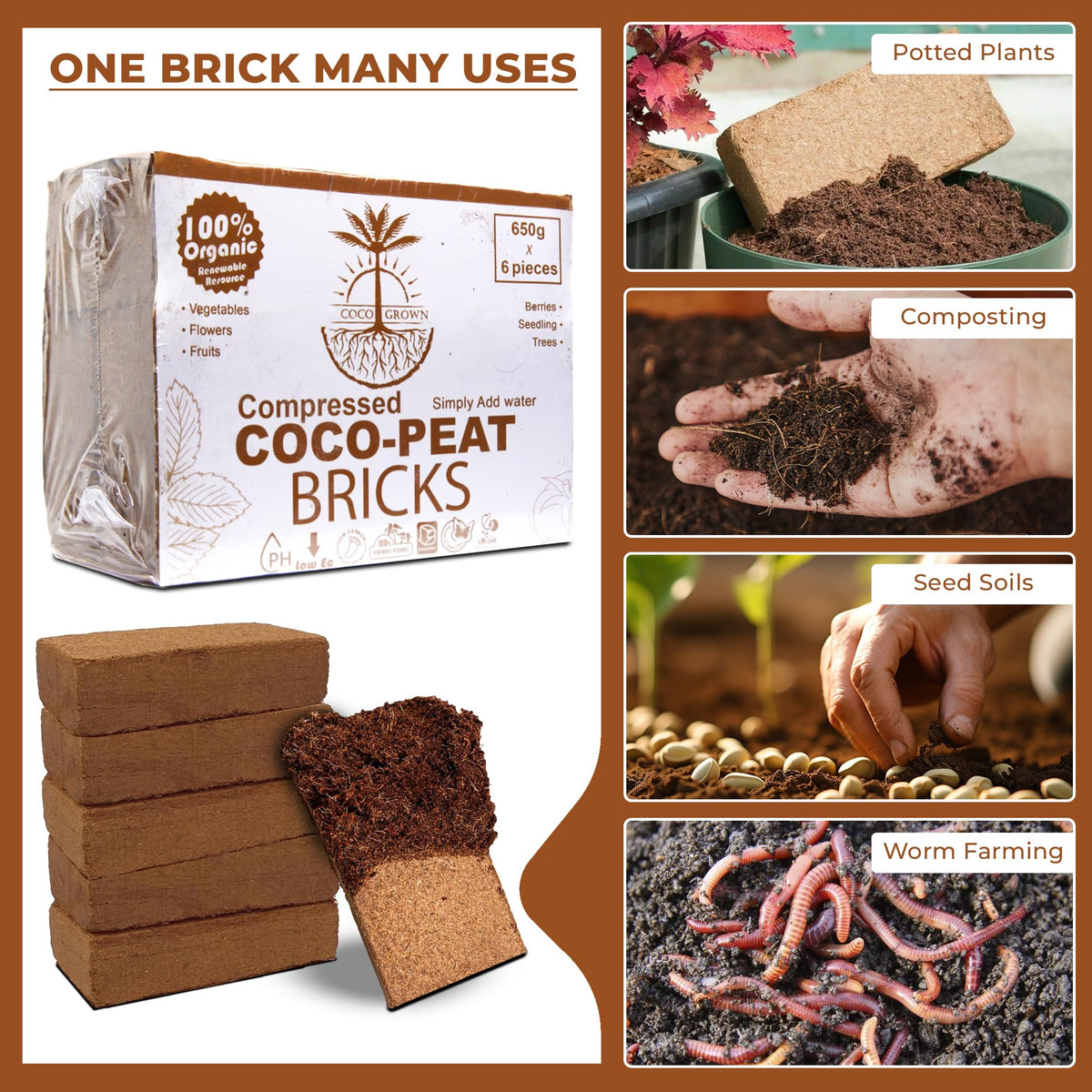 CocoGrown ready-to-use coco peat for pots, beds, and greenhouses.