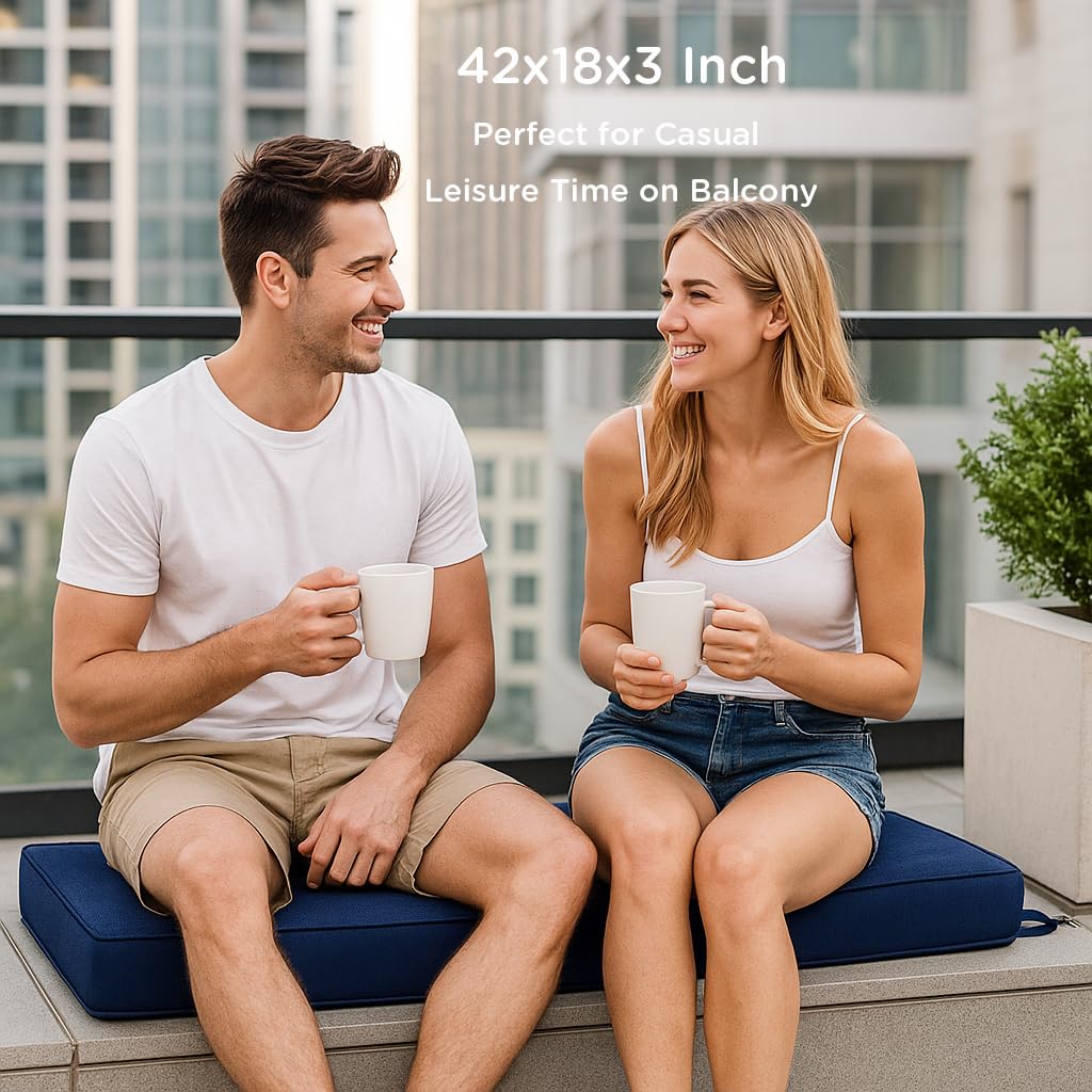 Codi 42x18x3 navy cushion refreshes porch setups with durable color.