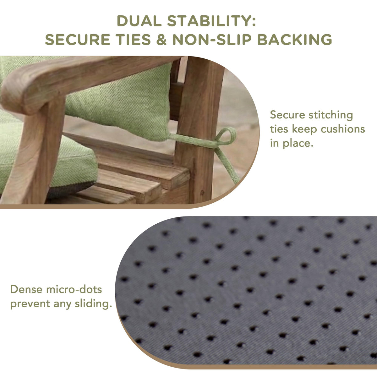 Codi sage rocking chair cushion fitment demonstrates snug attachment.