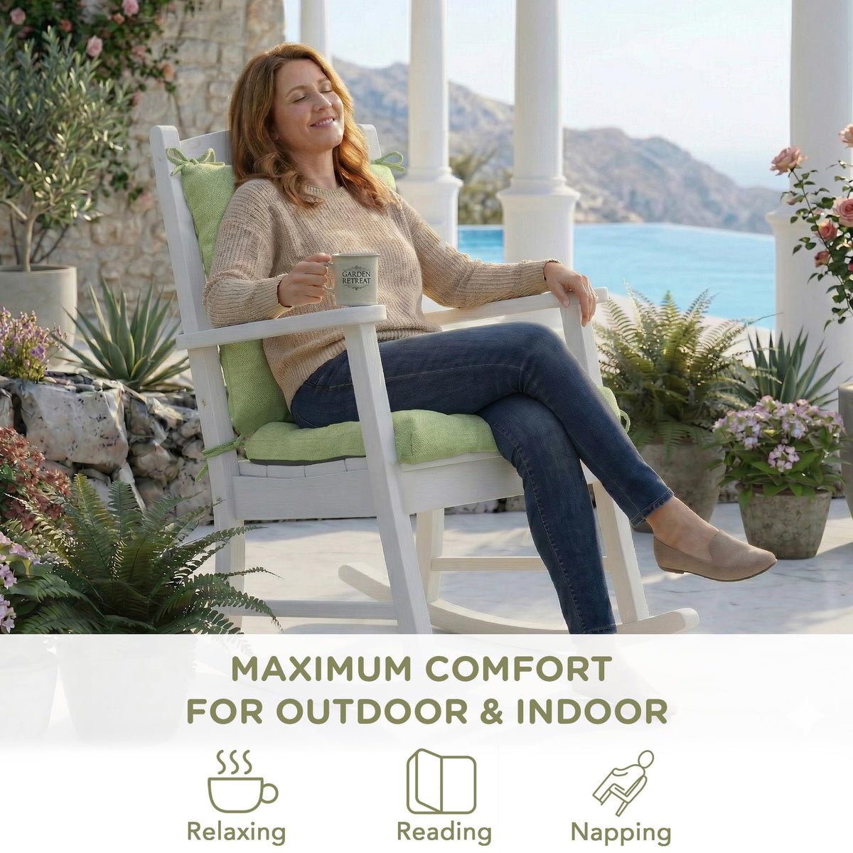 Codi sage cushion on patio illustrates generous size for comfort.