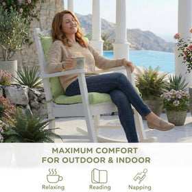 Codi sage cushion on patio illustrates generous size for comfort.
