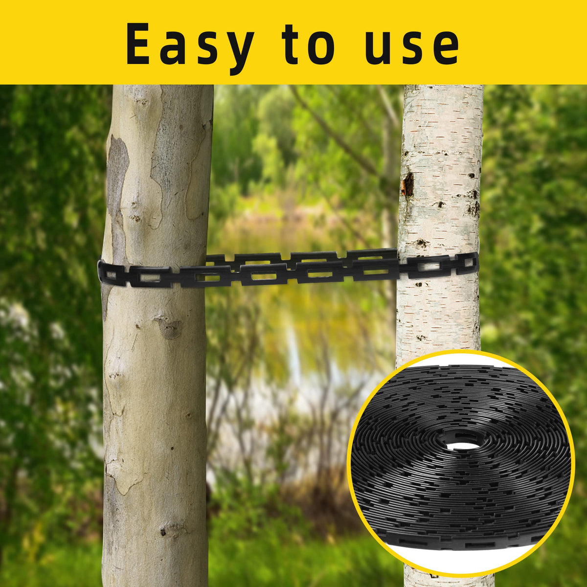 Codree easy buckle wrap showing quick secure around a stake.