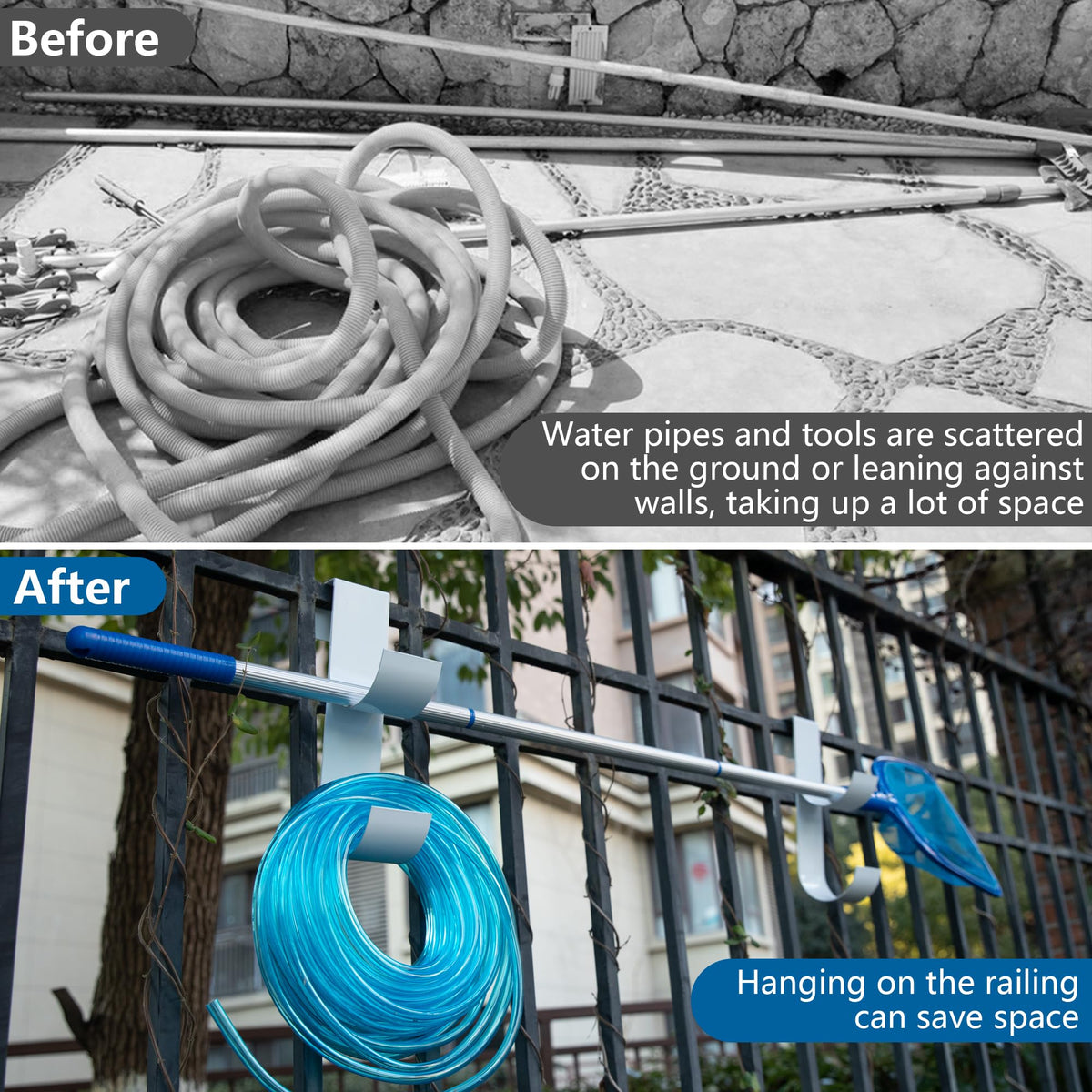 Codree fence hook holding pool brush and skimmer for easy access.