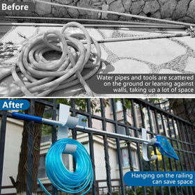 Codree fence hook holding pool brush and skimmer for easy access.