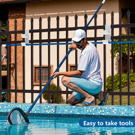 Codree outdoor pool accessories neatly organized with white fence hooks.