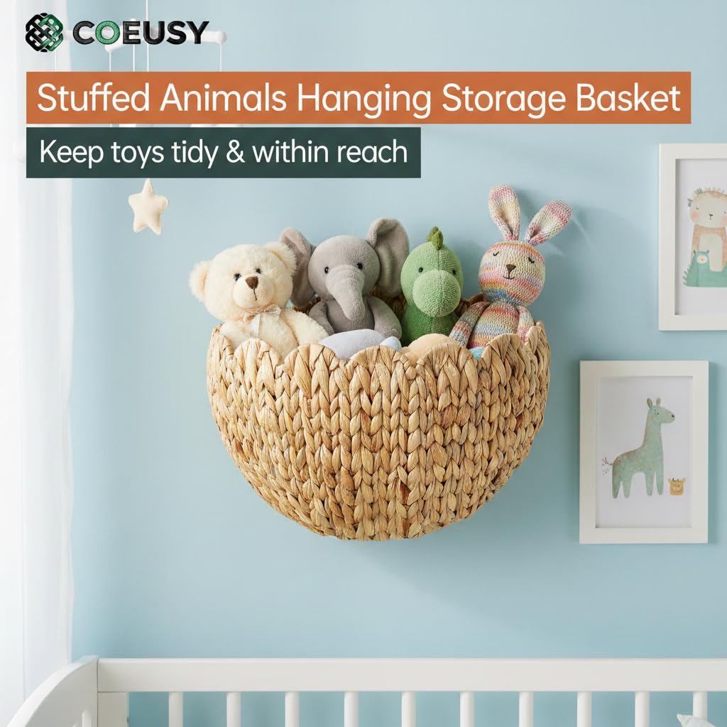 Coeusy wall basket holds a small plant for fresh room greenery.