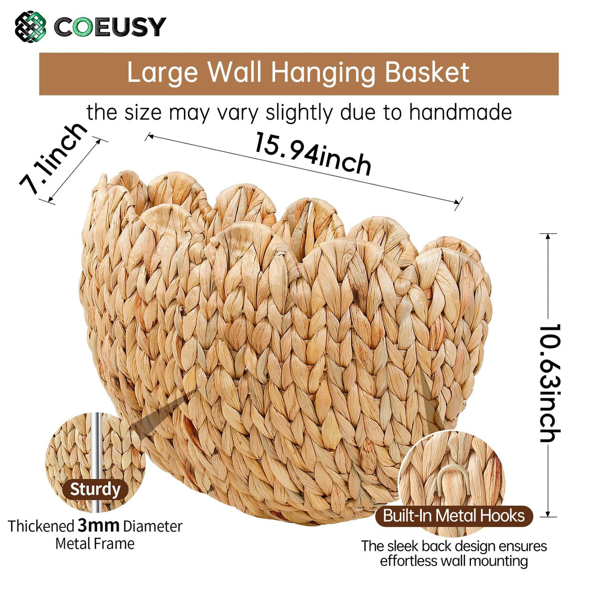 Coeusy scalloped wall basket mounted on wall adds boho charm to living space.