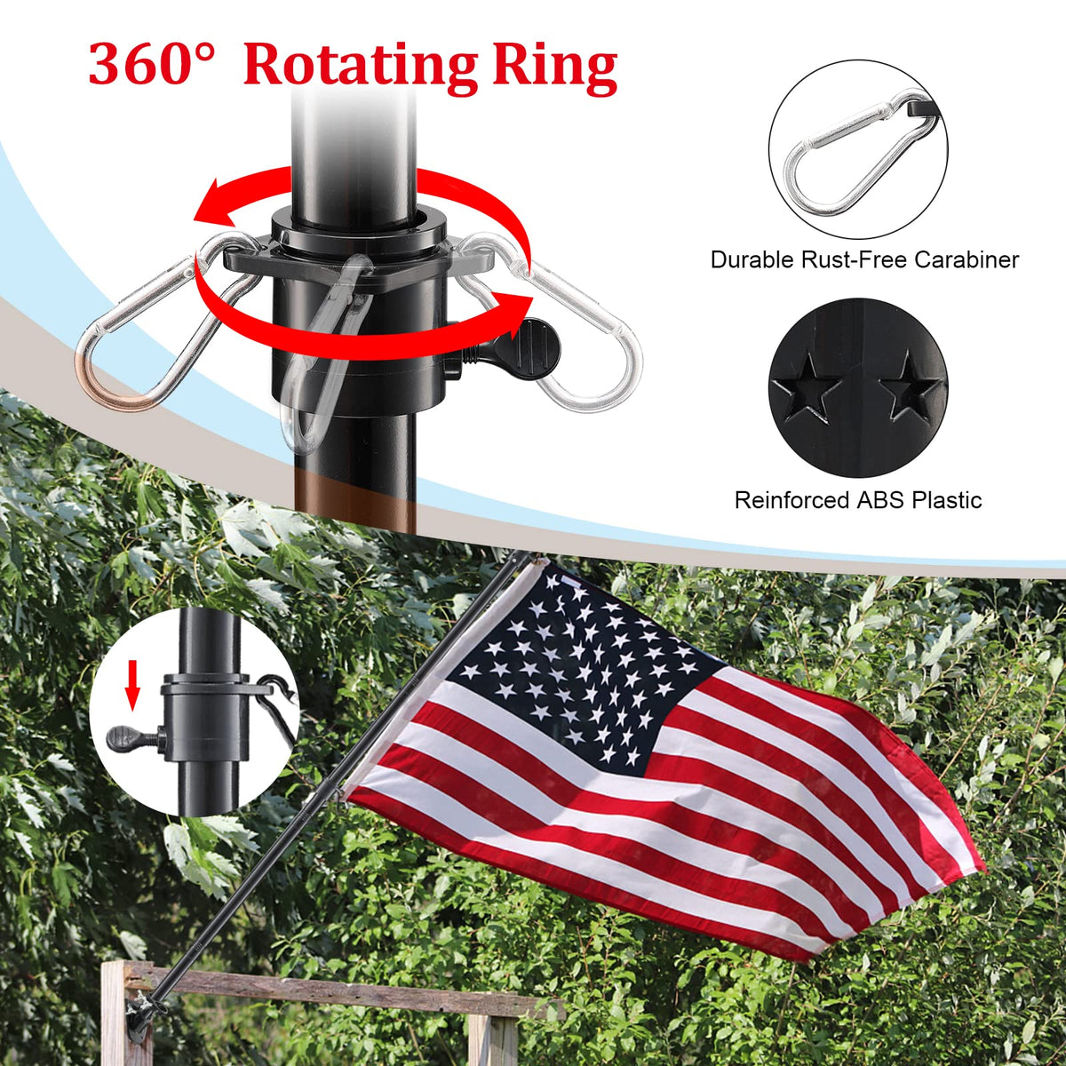 Cogardenshower anti-wrap rings protect flags from tangling in wind.